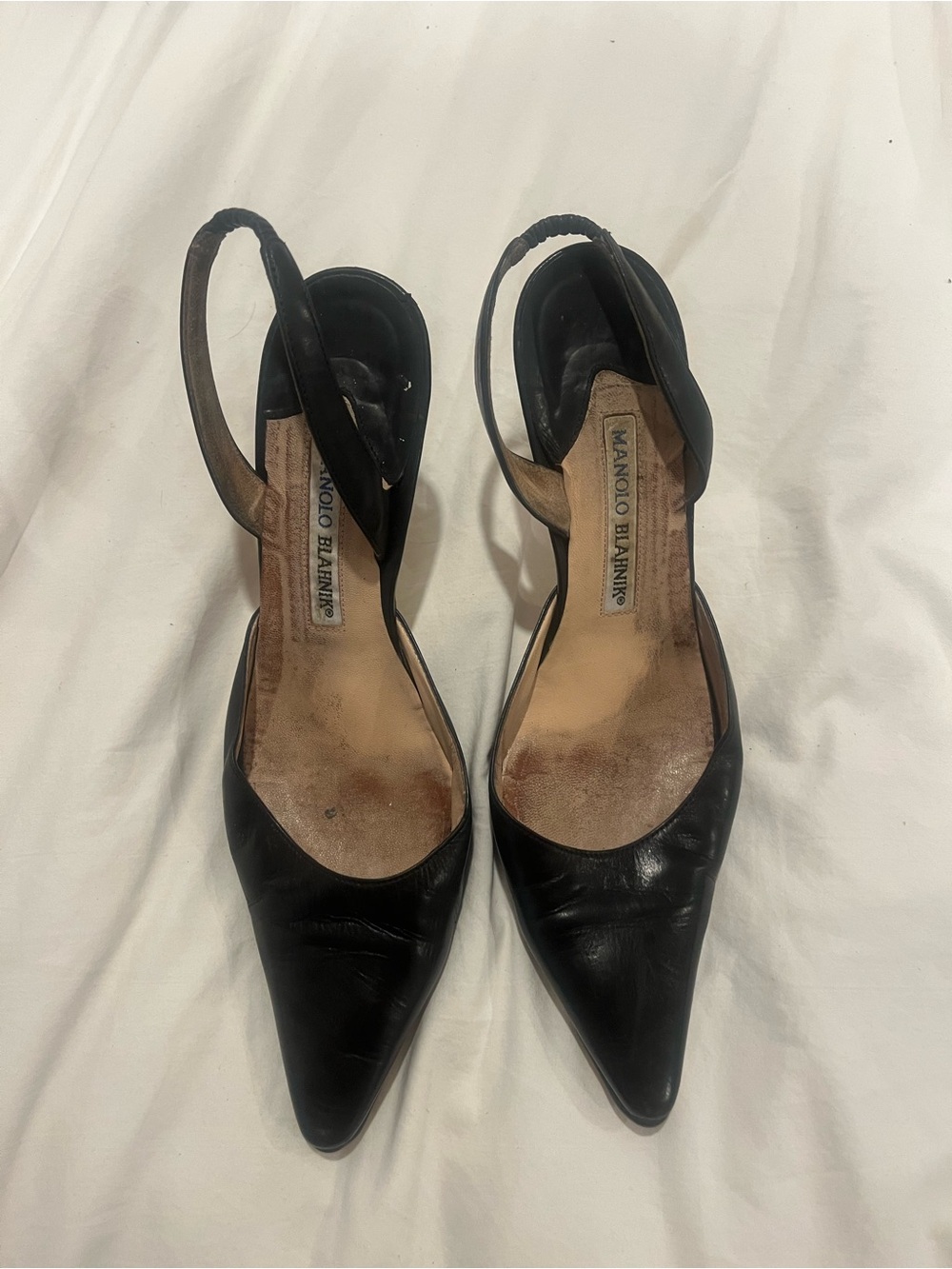 Manolo Blahnik Black Leather Pointed Slingback Heels